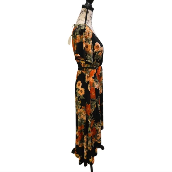 Floral Wrap Dress in Black and Orange - Picture 3 of 8